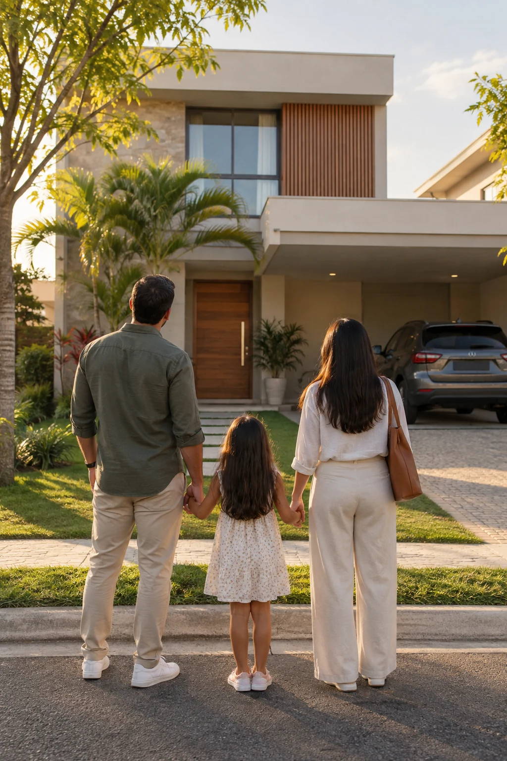 Família de mãos dadas observando sua futura casa em um condomínio